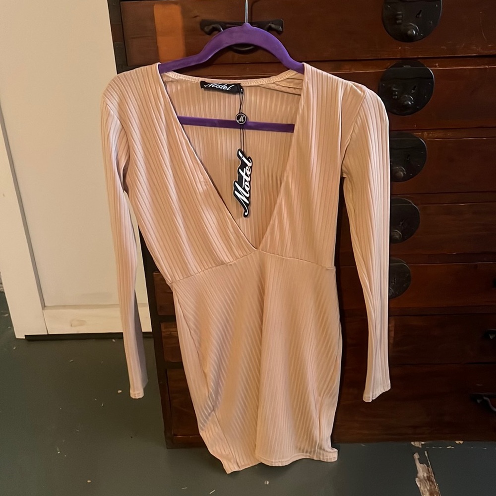 Tan body con dress with deep V